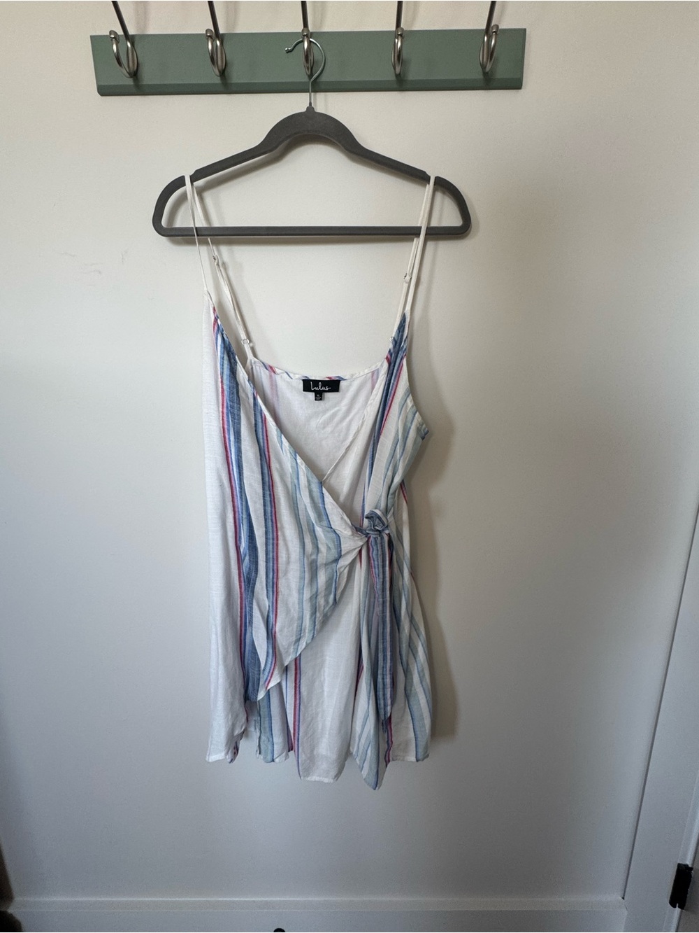 Lulu's White V-Neck Wrap Dress with Pastel Blue, Green, Pink and Red stripes - Picture 2 of 5